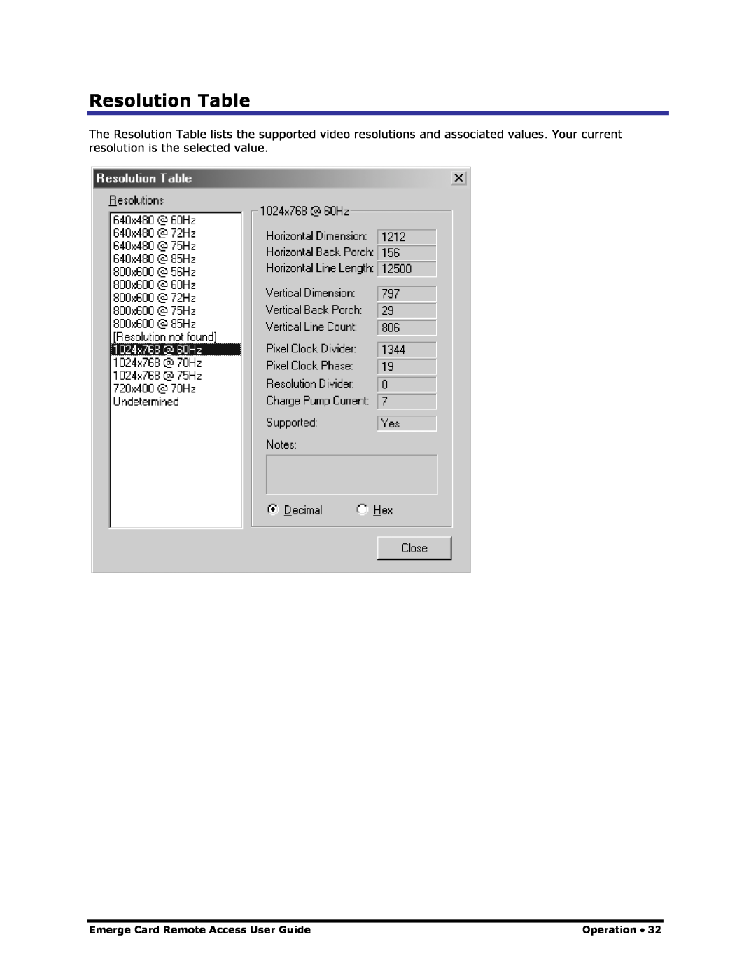 Apex Digital Apex EmergeCard Remote Access manual Resolution Table, Operation 