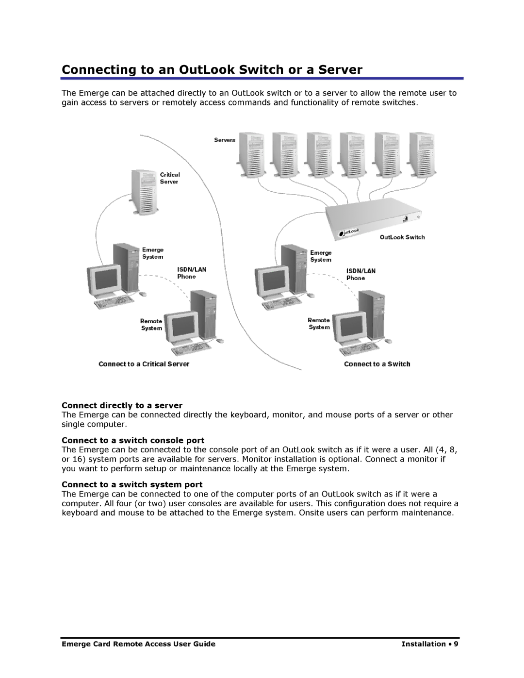 Apex Digital Apex EmergeCard Remote Access manual Connecting to an OutLook Switch or a Server, Connect directly to a server 