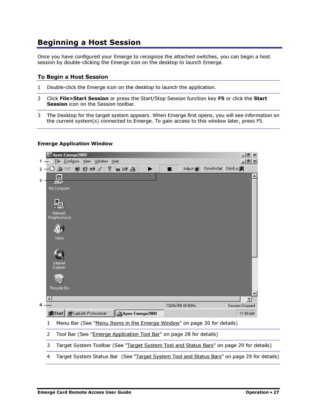 Apex Digital Apex EmergeCard Remote Access Beginning a Host Session, To Begin a Host Session, Emerge Application Window 