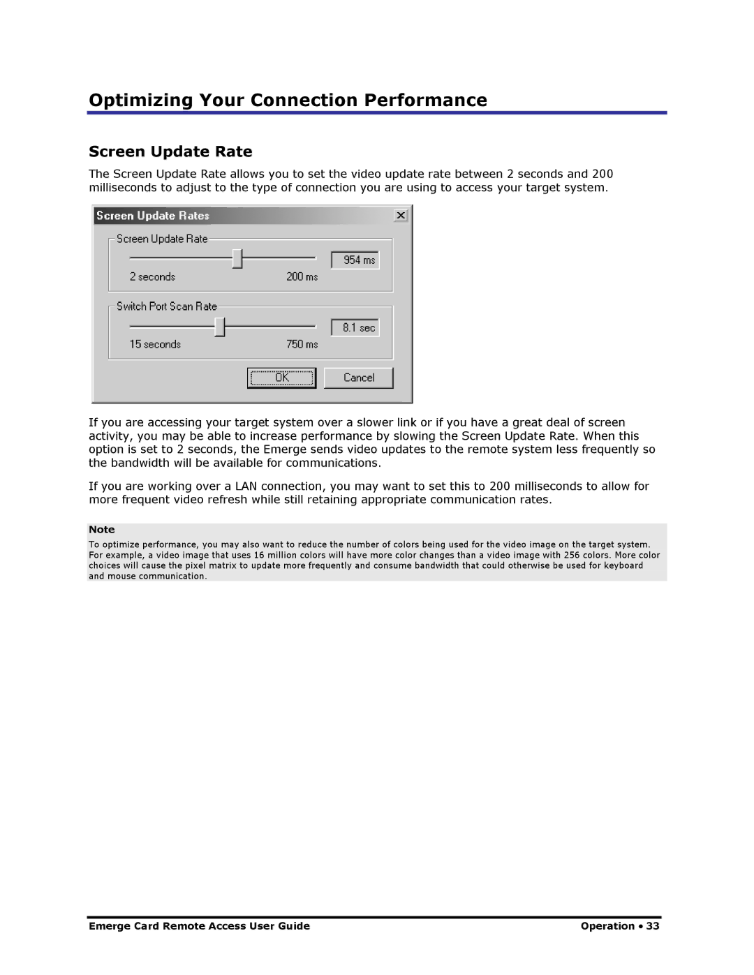 Apex Digital Apex EmergeCard Remote Access manual Optimizing Your Connection Performance, Screen Update Rate 