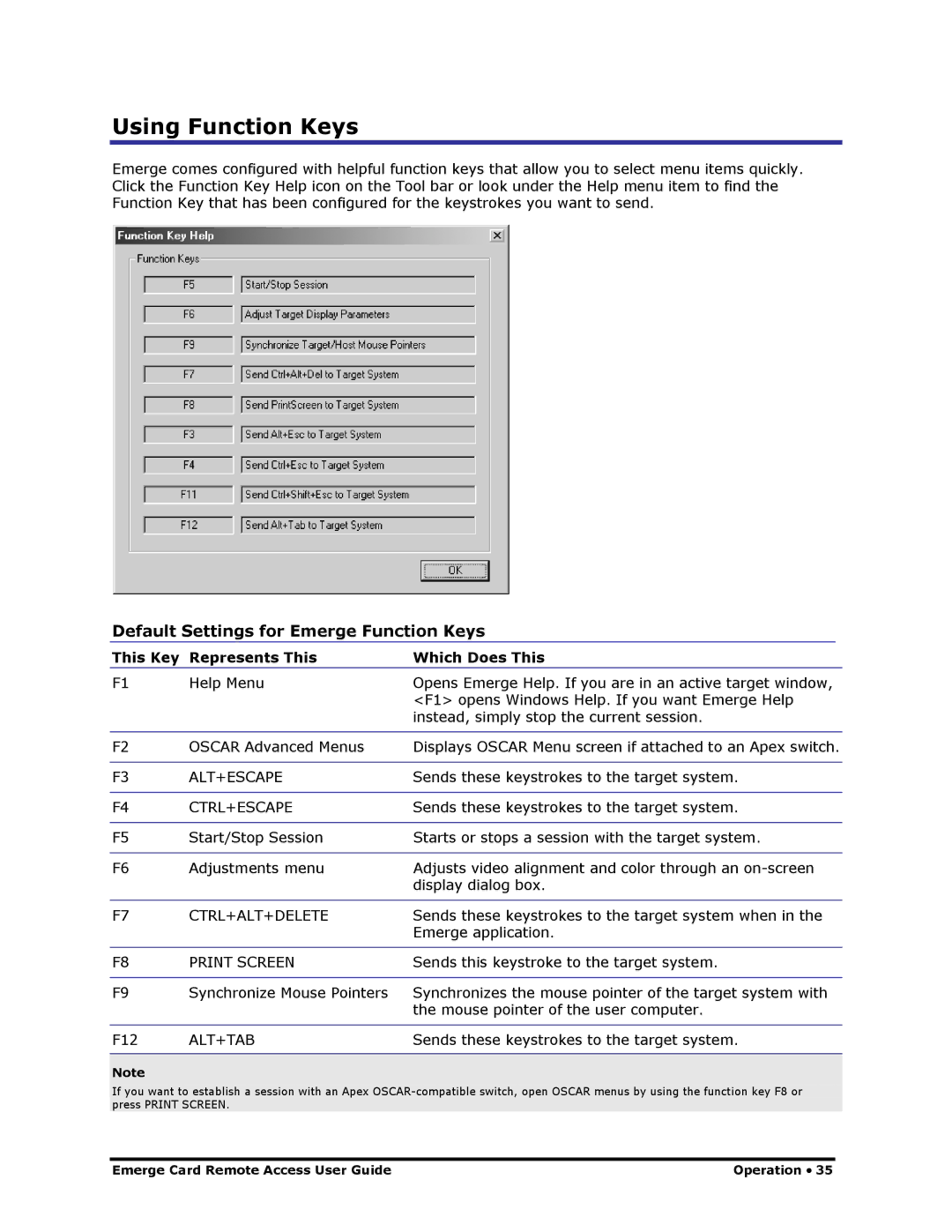 Apex Digital Apex EmergeCard Remote Access manual Using Function Keys, Default Settings for Emerge Function Keys 