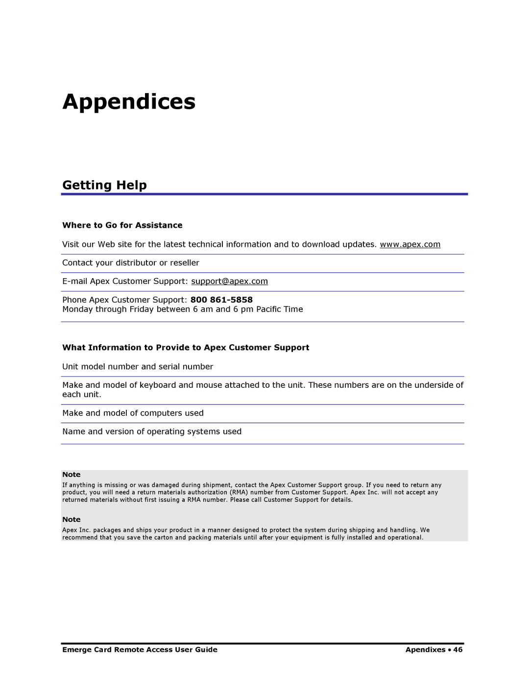 Apex Digital Apex EmergeCard Remote Access manual Getting Help, Where to Go for Assistance 
