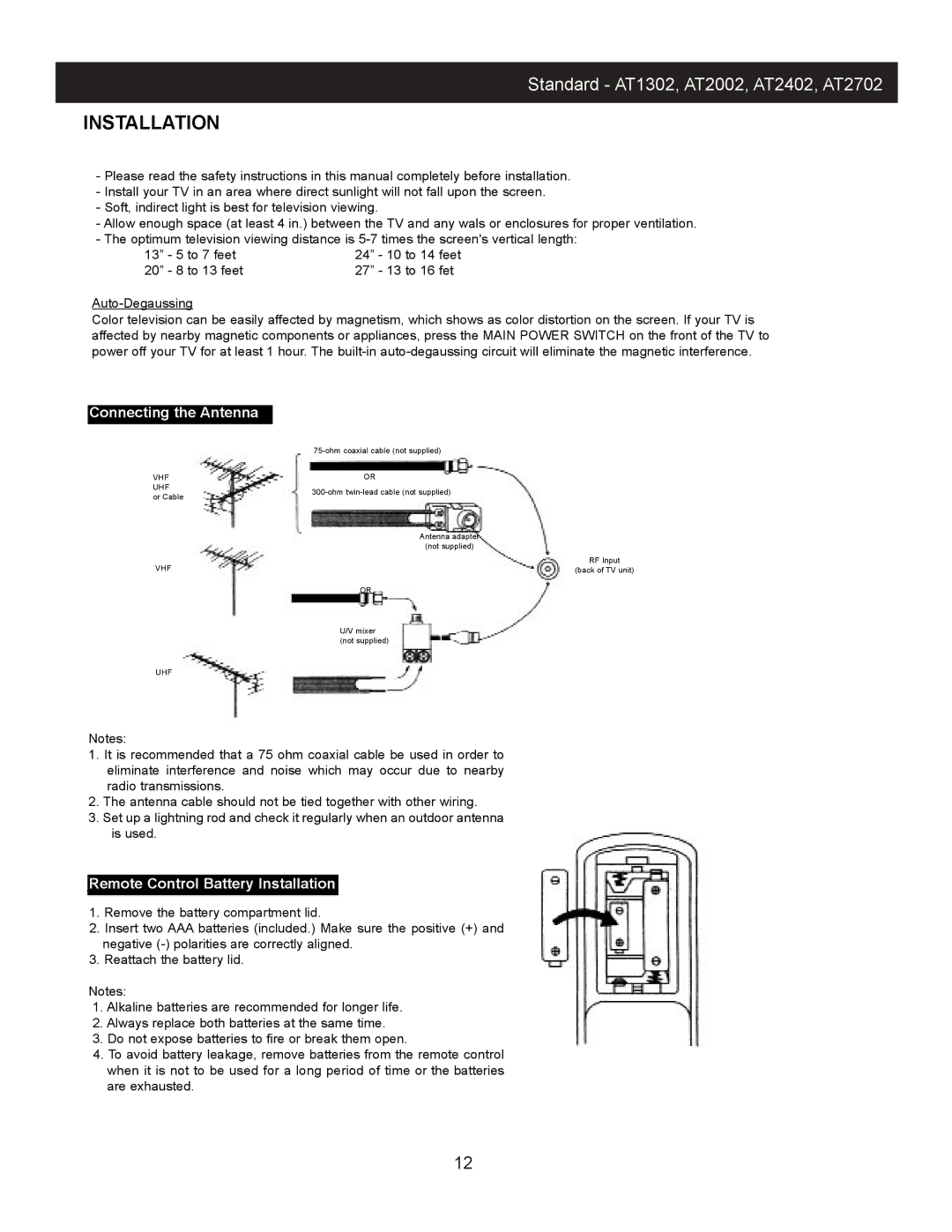 Apex Digital AT2002, AT1302, AT 2002, AT2402, AT2702 instruction manual Installation 