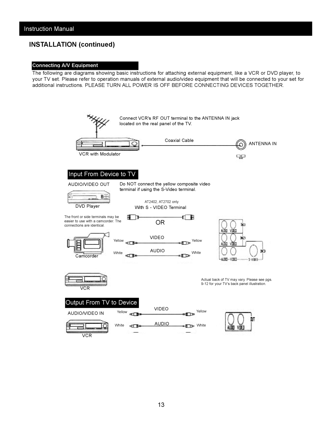 Apex Digital AT1302, AT 2002, AT2402, AT2702, AT2002 instruction manual Installation, Connecting A/V Equipment 