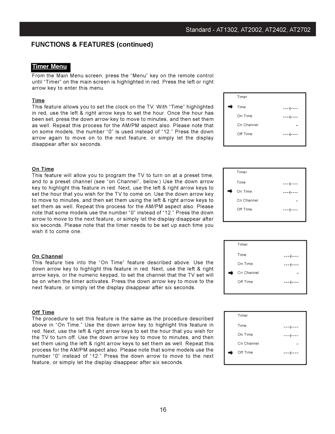 Apex Digital AT2002, AT1302, AT 2002, AT2402, AT2702 instruction manual Timer Menu, On Time, On Channel, Off Time 
