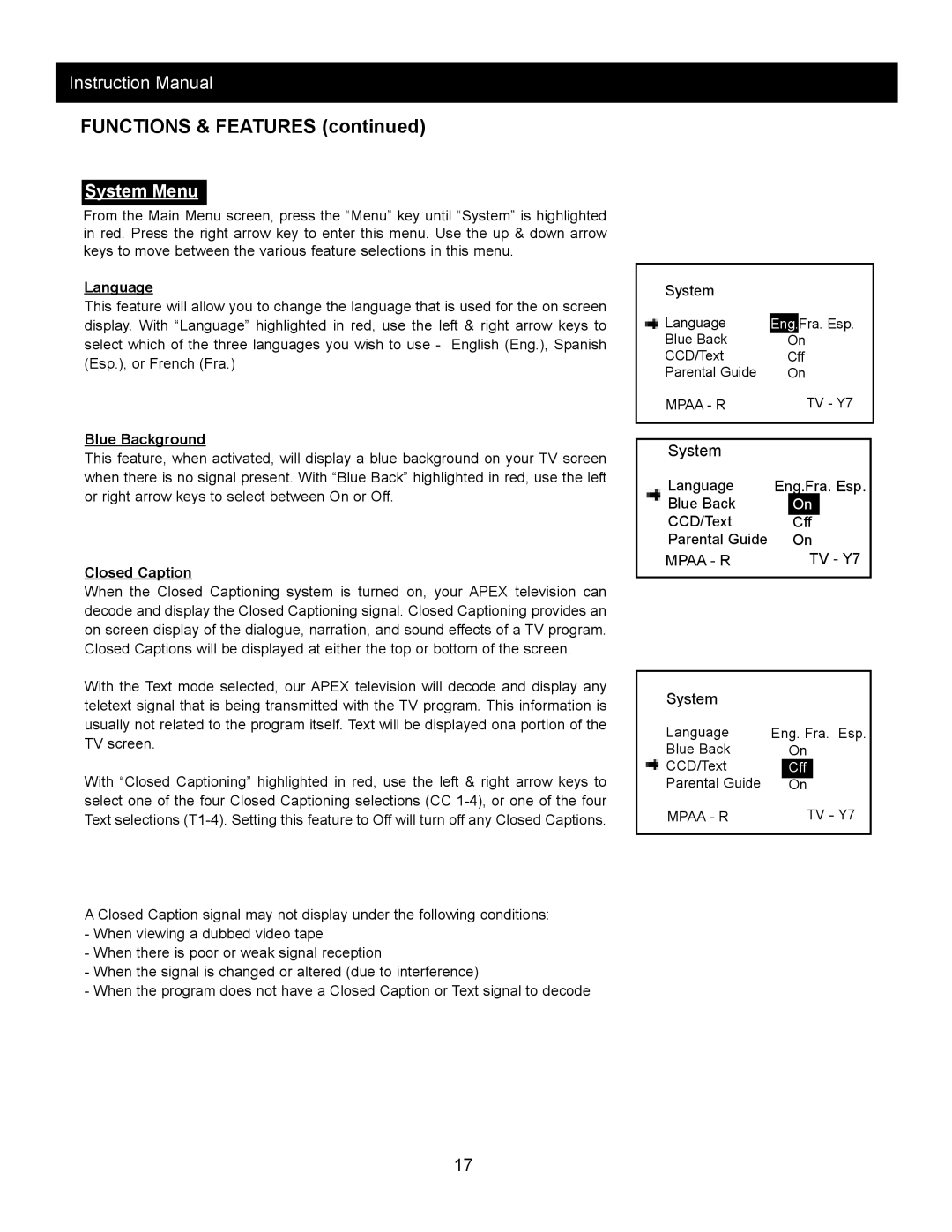 Apex Digital AT1302, AT 2002, AT2402, AT2702, AT2002 instruction manual System Menu, Language, Blue Background 