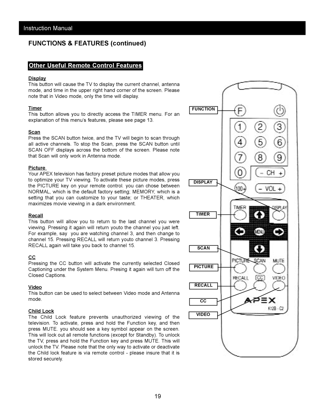 Apex Digital AT2002, AT1302, AT 2002, AT2402, AT2702 Other Useful Remote Control Features, Child Lock 