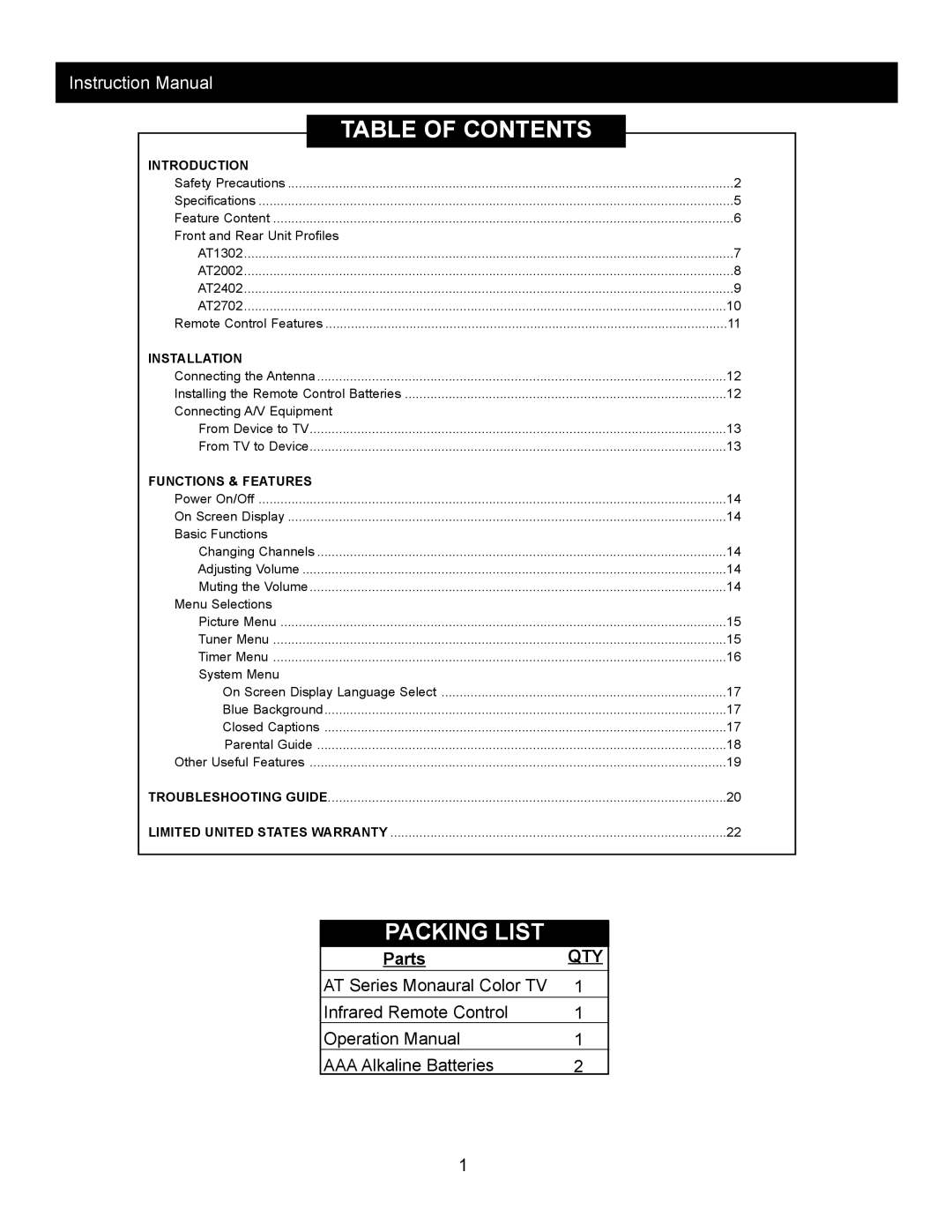 Apex Digital AT1302, AT 2002, AT2402, AT2702, AT2002 instruction manual Table of Contents 