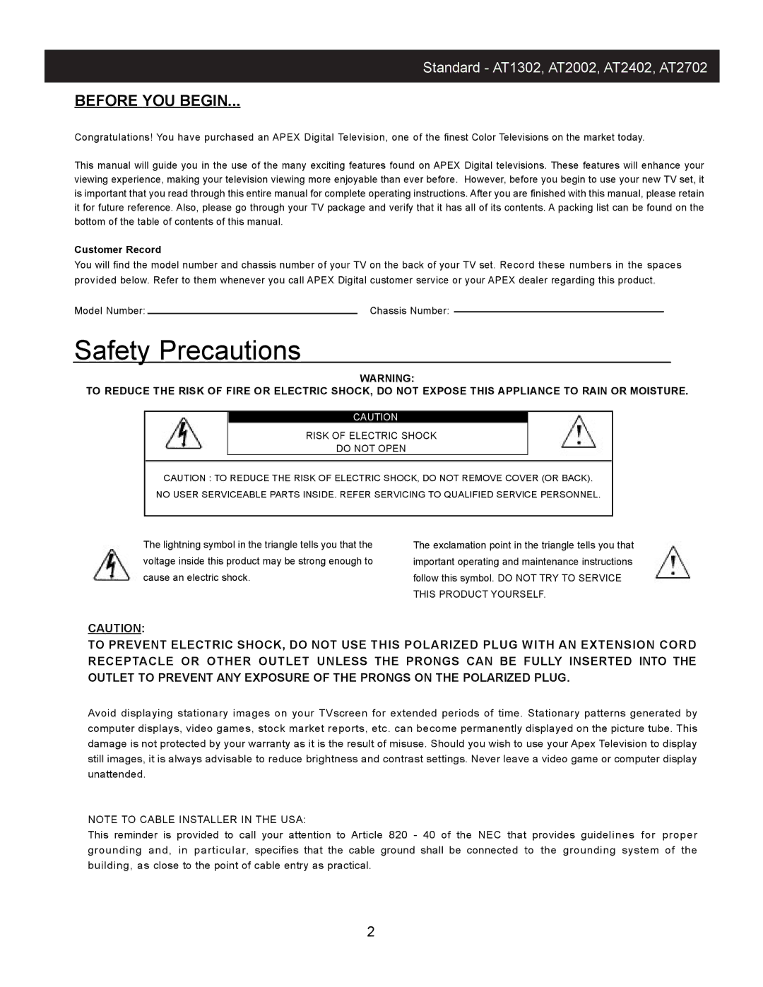 Apex Digital AT2002, AT1302, AT 2002, AT2402, AT2702 instruction manual Safety Precautions 