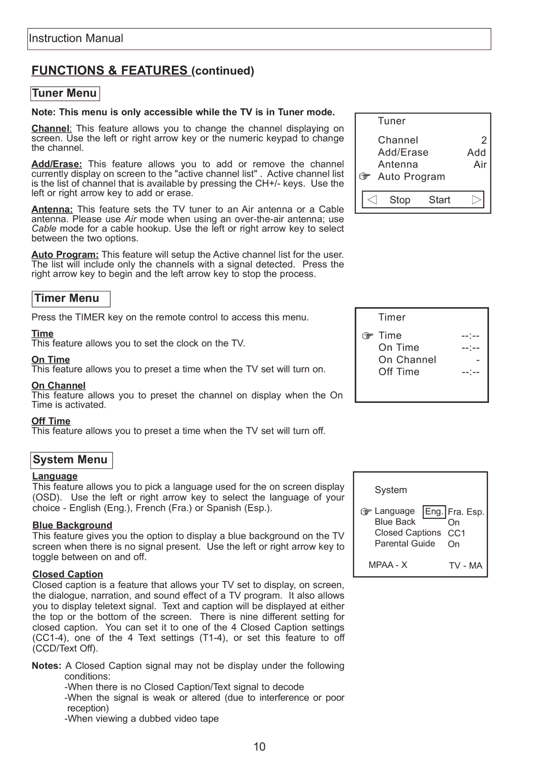 Apex Digital AT2708S, AT2408S, AT2408S, AT2708S instruction manual Tuner Menu, Timer Menu, System Menu 