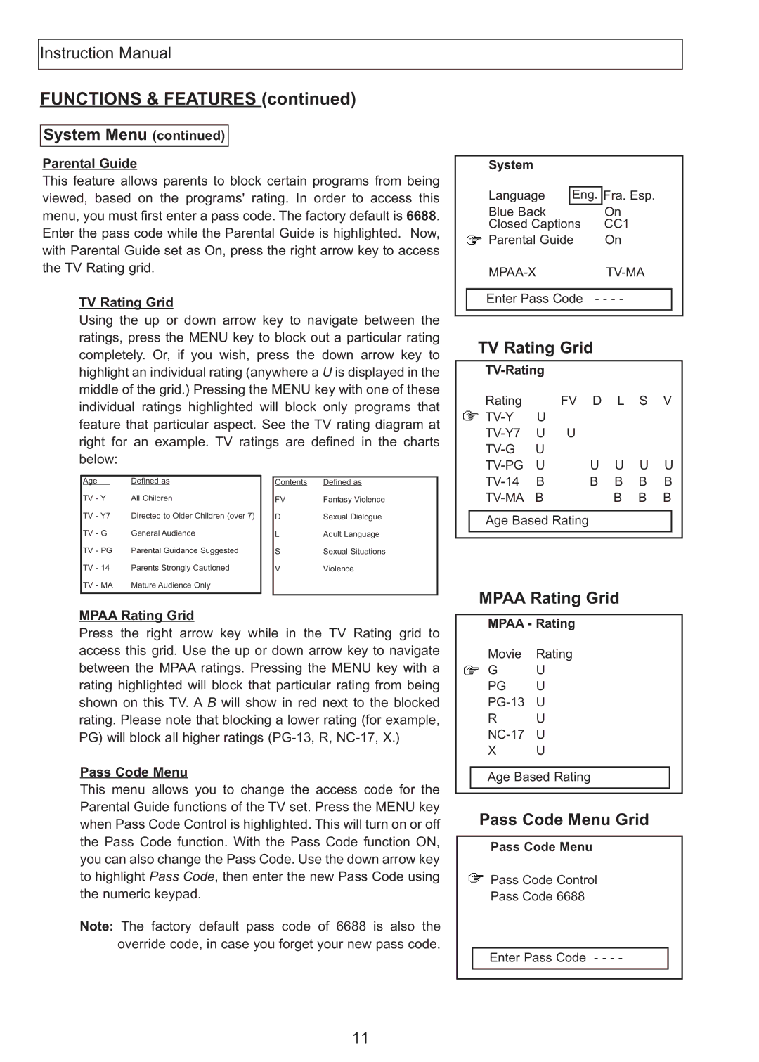 Apex Digital AT2408S, AT2708S, AT2708S, AT2408S instruction manual TV Rating Grid, Mpaa Rating Grid, Pass Code Menu Grid 