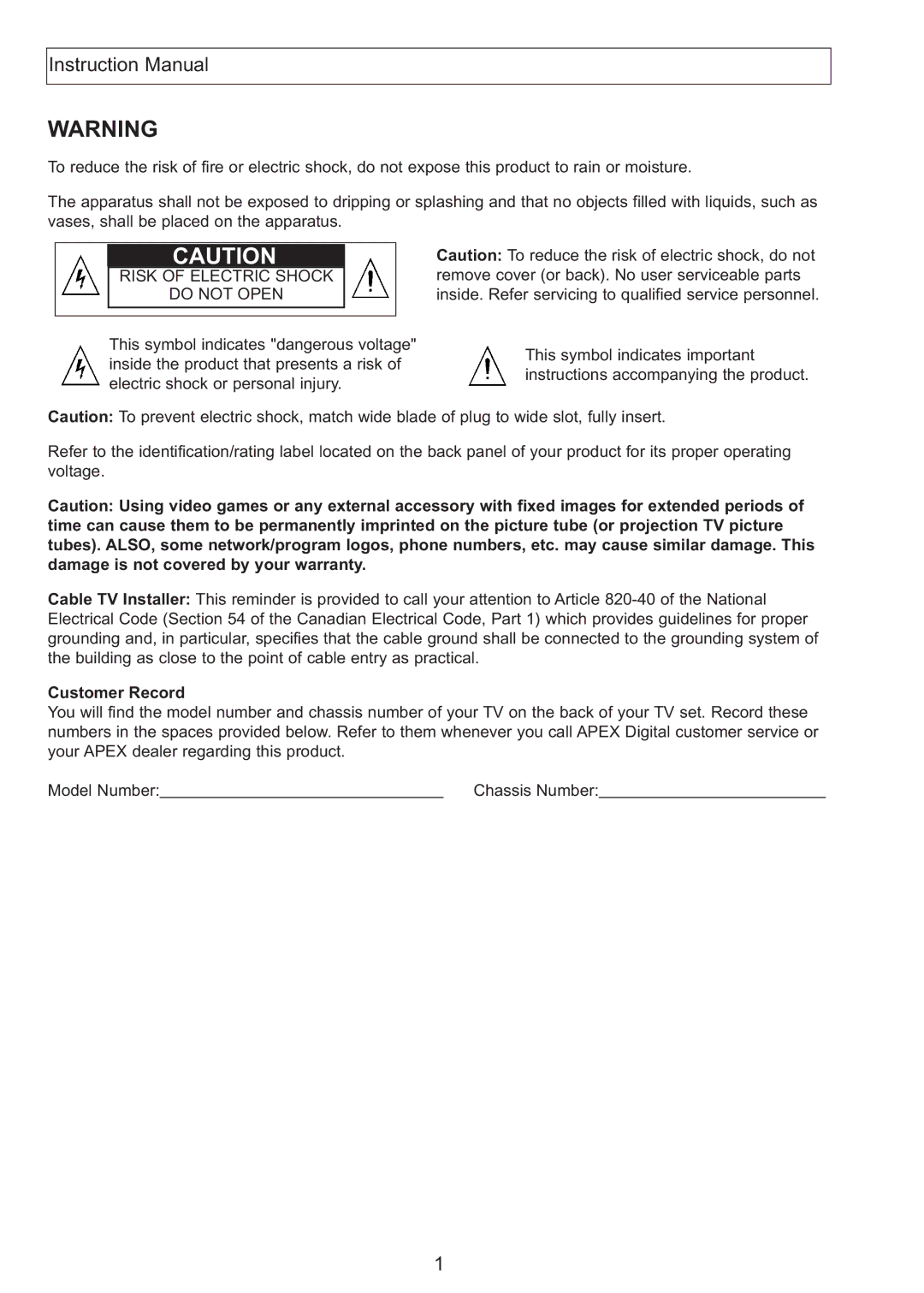 Apex Digital AT2408S, AT2708S, AT2708S, AT2408S instruction manual Risk of Electric Shock Do not Open, Customer Record 