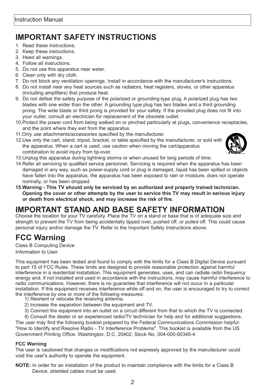 Apex Digital AT2708S, AT2408S, AT2408S, AT2708S instruction manual Important Safety Instructions, FCC Warning 