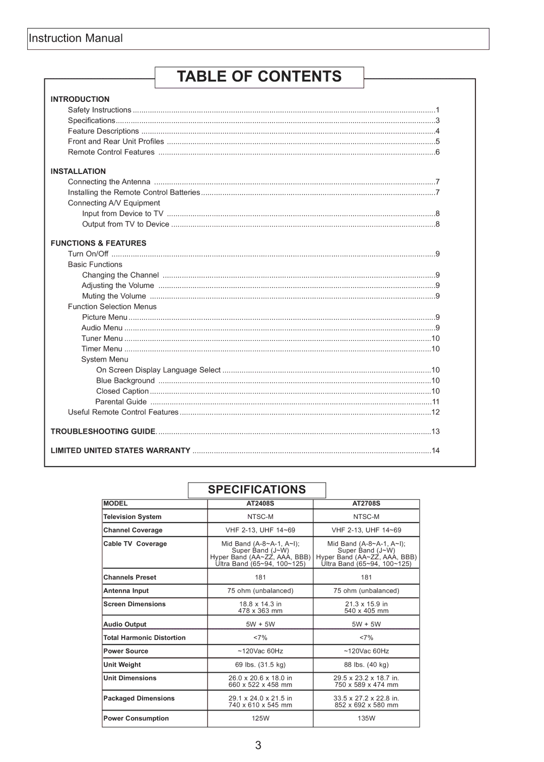 Apex Digital AT2408S, AT2708S, AT2708S, AT2408S instruction manual Table of Contents 