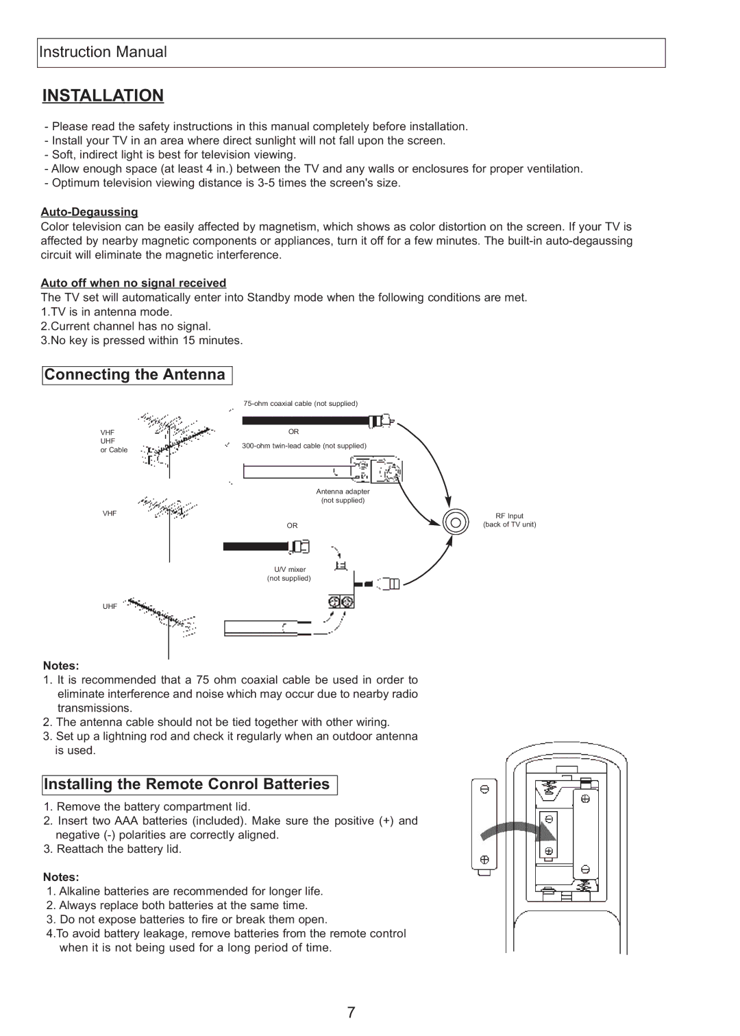 Apex Digital AT2408S, AT2708S, AT2708S, AT2408S Connecting the Antenna, Installing the Remote Conrol Batteries 