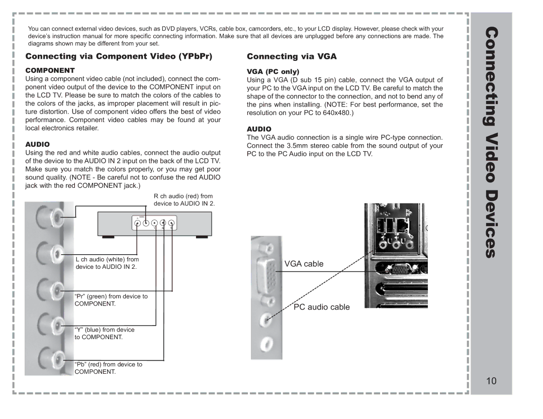 Apex Digital AVL-2076 warranty Connecting Video Devices, Connecting via Component Video YPbPr 