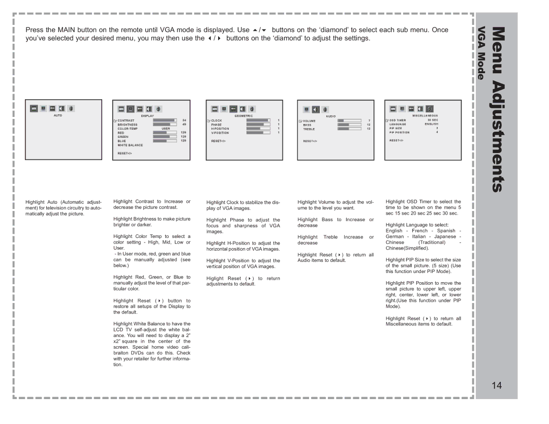 Apex Digital AVL-2076 warranty Menu Adjustments 