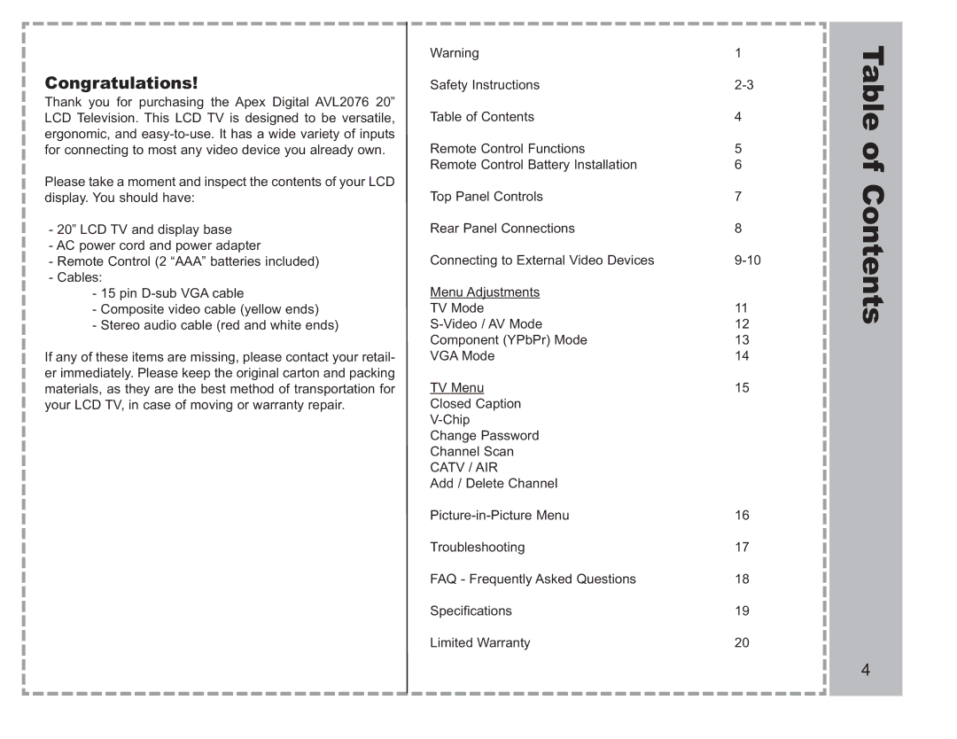 Apex Digital AVL-2076 warranty Table of Contents, Congratulations 