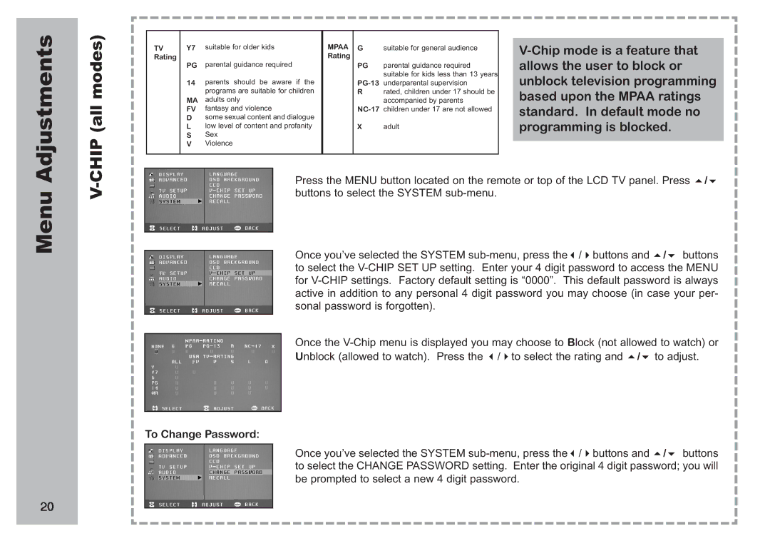 Apex Digital AVL 2778 manual Chip mode is a feature that, Allows the user to block or, Based upon the Mpaa ratings 