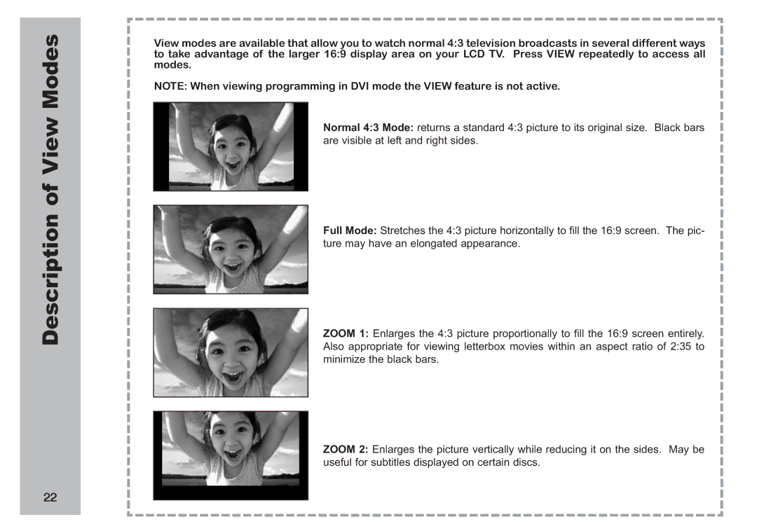 Apex Digital AVL 2778 manual Description of View Modes 