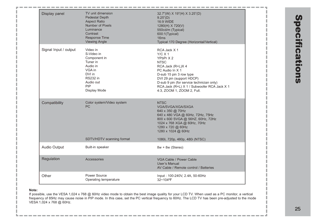 Apex Digital AVL 2778 manual Specifications, Pip 