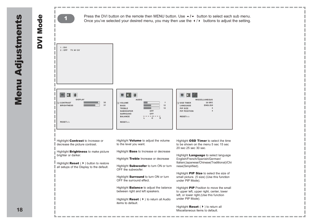 Apex Digital AVL2776 manual Adjustments, Menu 