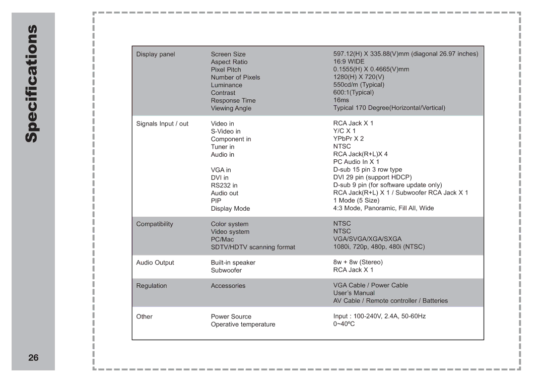 Apex Digital AVL2776 manual Specifications, Pip 