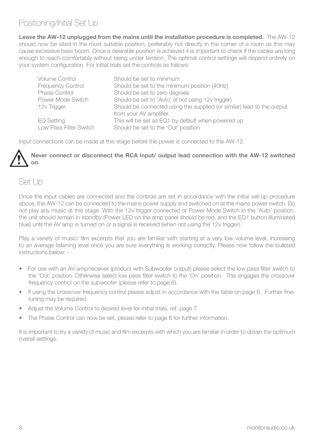 Apex Digital AW-12 owner manual Positioning/Initial Set Up 