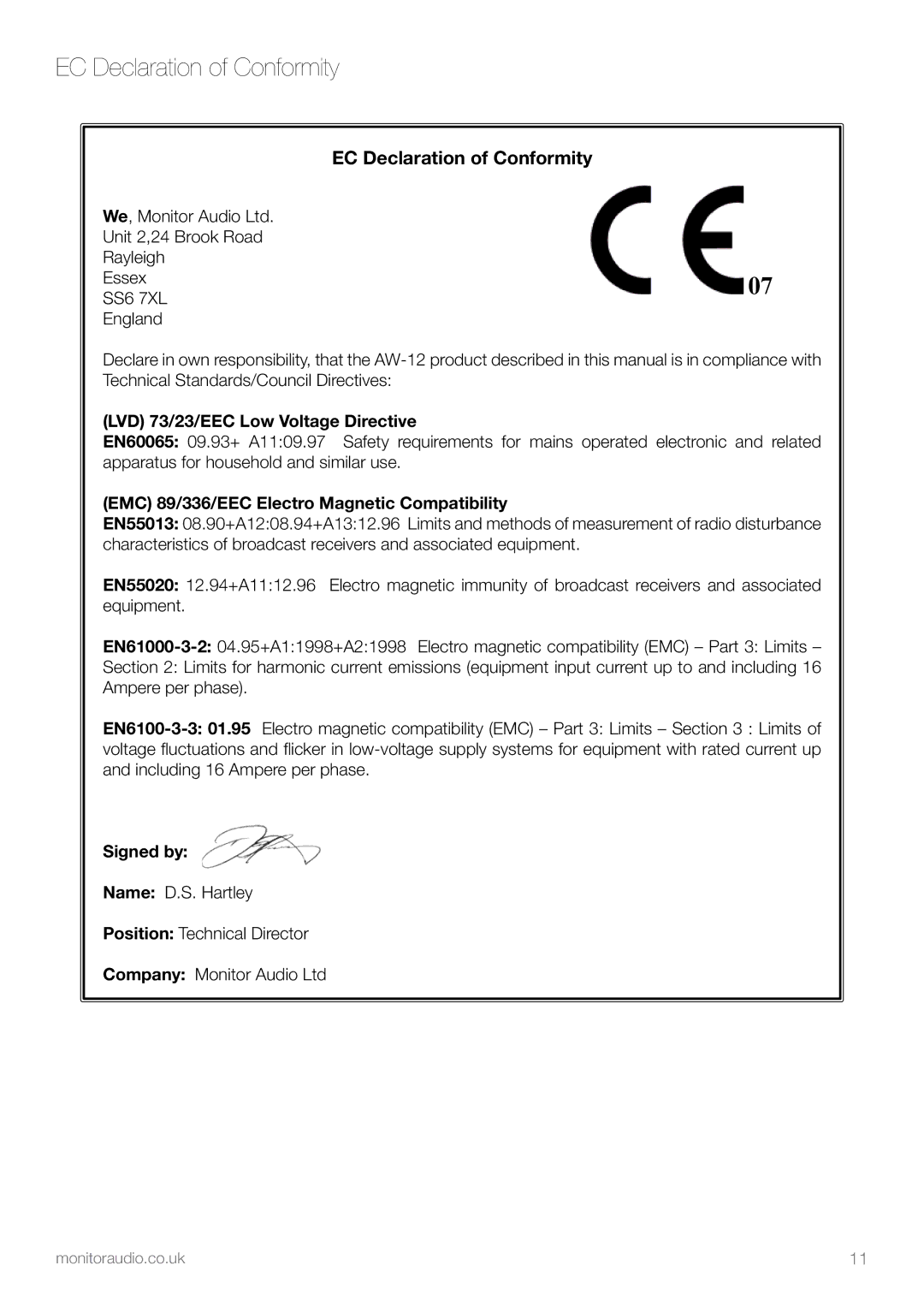 Apex Digital AW-12 owner manual EC Declaration of Conformity 