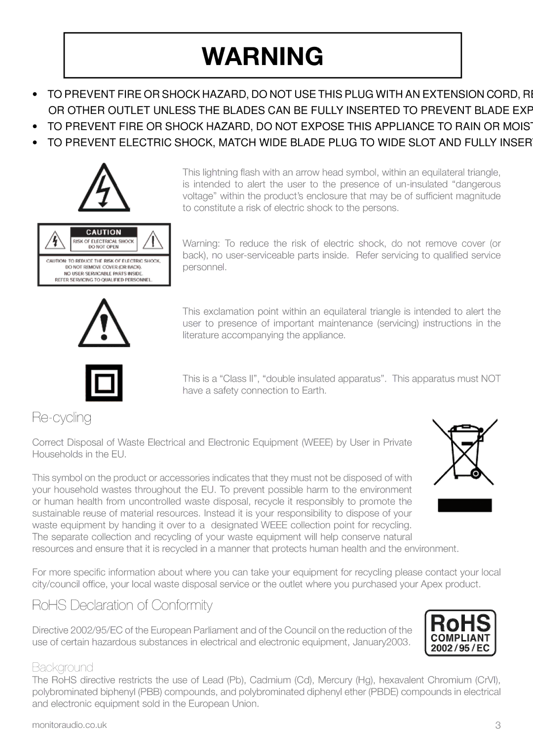 Apex Digital AW-12 owner manual Re-cycling, RoHS Declaration of Conformity 