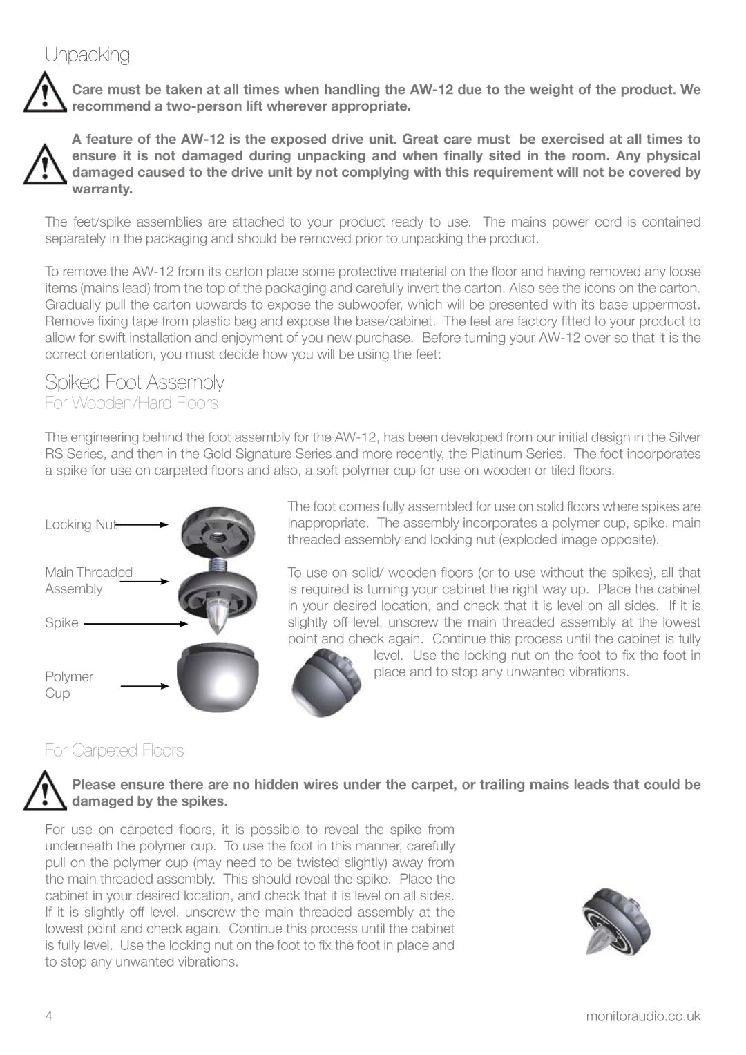 Apex Digital AW-12 owner manual Unpacking, Spiked Foot Assembly 