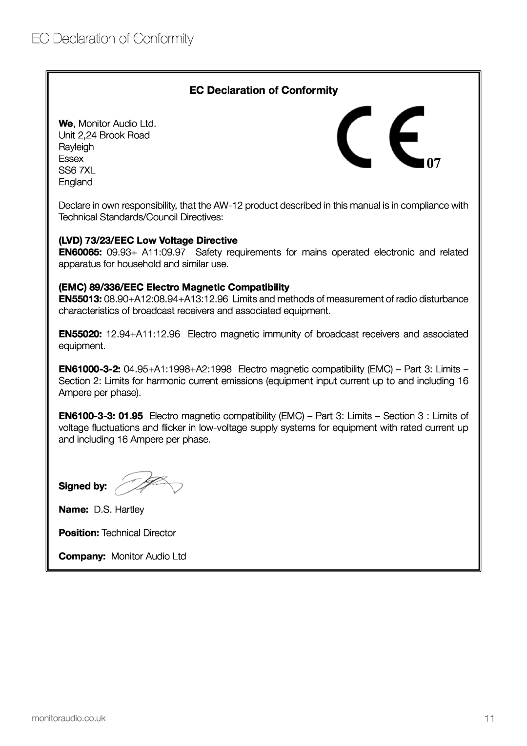 Apex Digital AW-12 owner manual EC Declaration of Conformity 