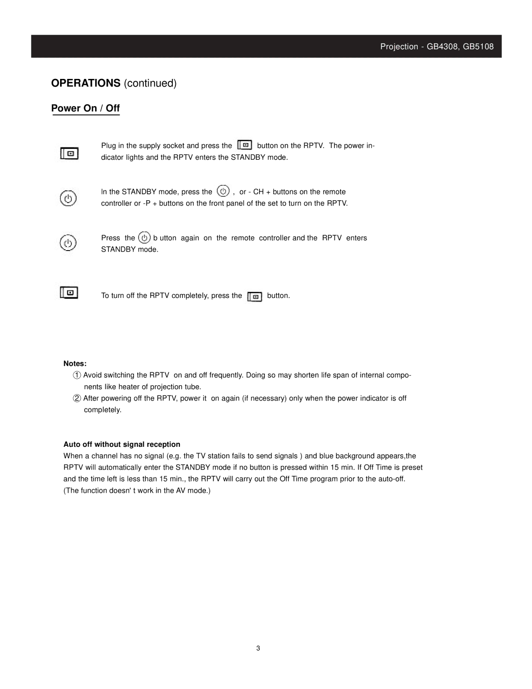 Apex Digital CoIor TV manual Operations, Power On / Off, Auto off without signal reception 