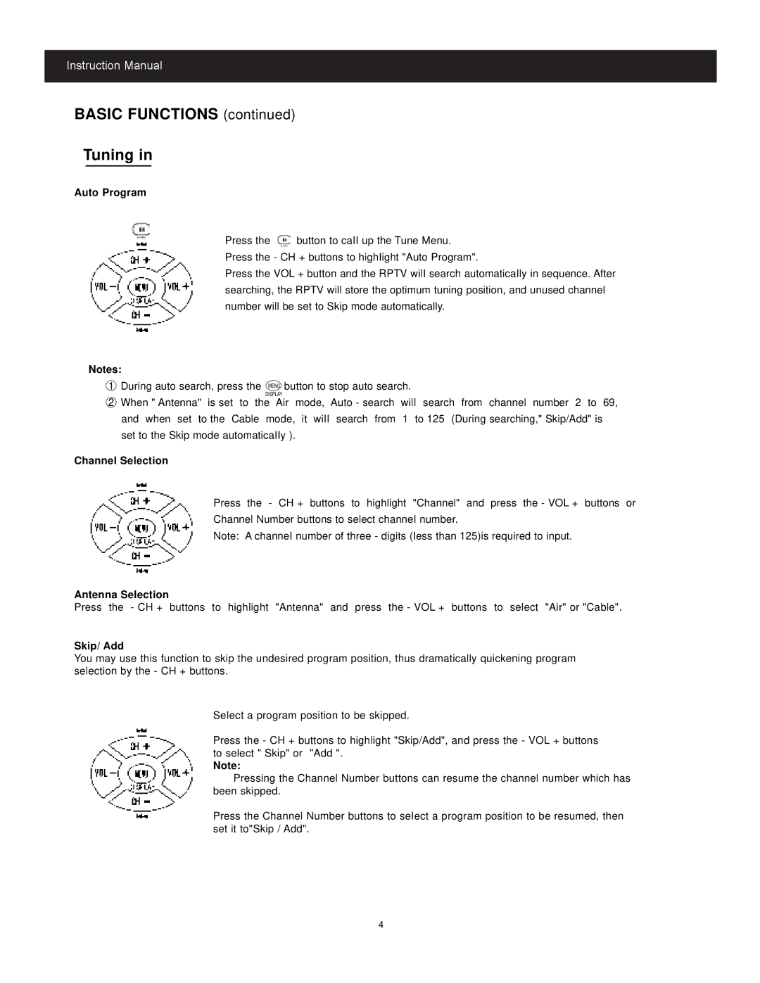 Apex Digital CoIor TV manual Basic Functions Tuning, Auto Program, Channel Selection, Antenna SeIection, Skip/ Add 