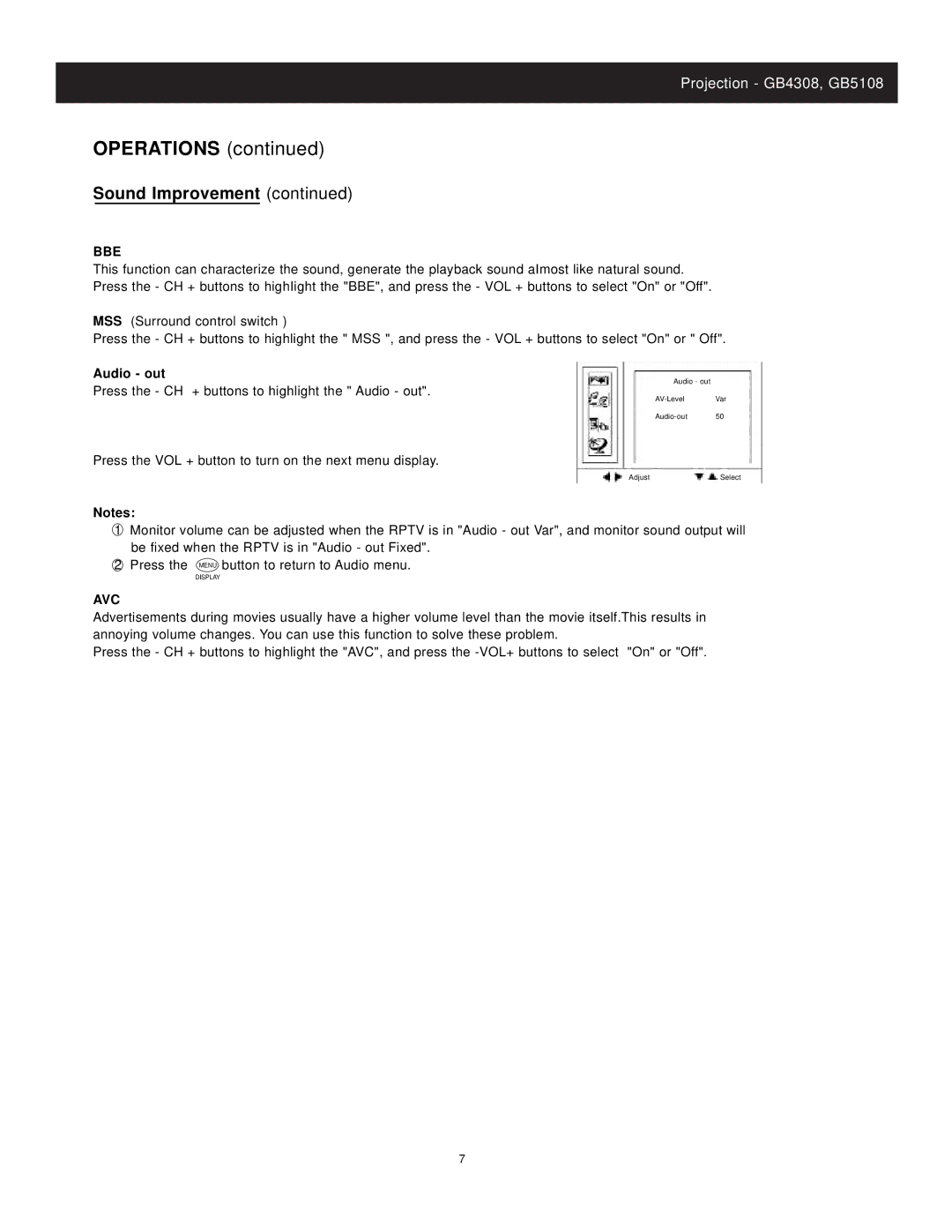 Apex Digital CoIor TV manual Bbe, Audio out 