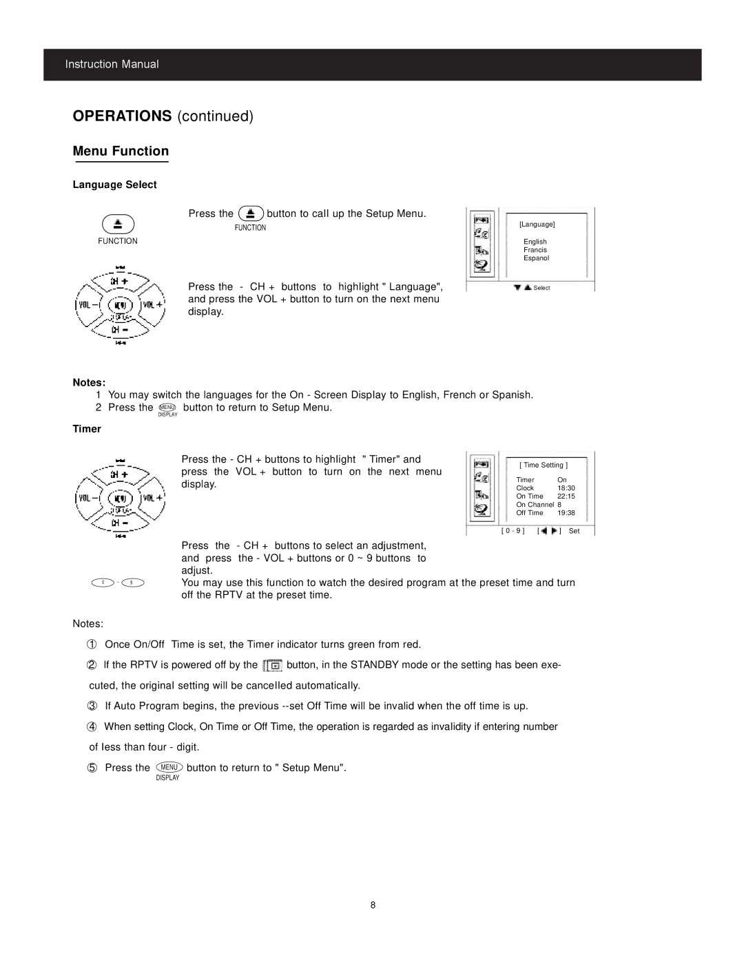 Apex Digital CoIor TV manual Language SeIect, Timer 