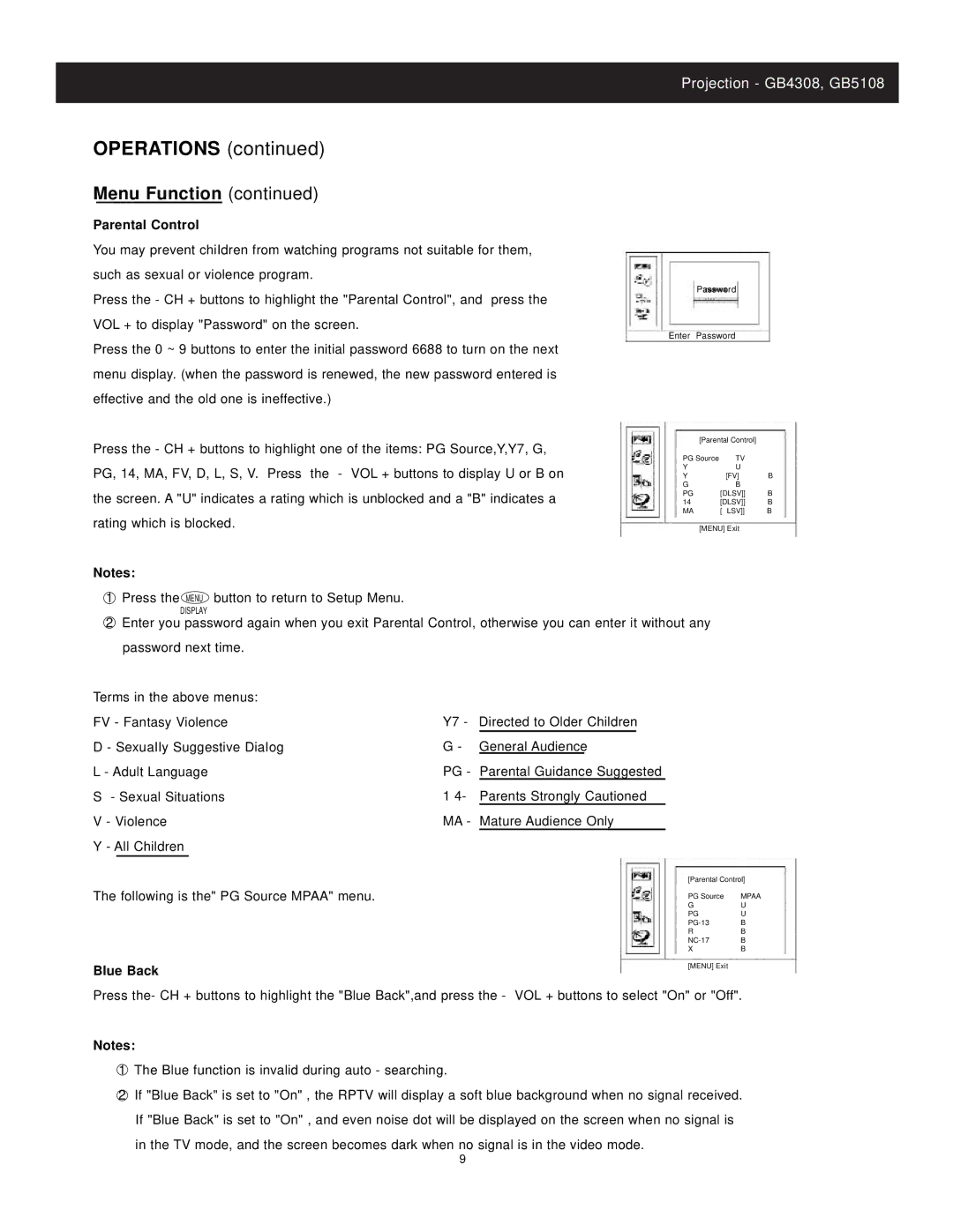 Apex Digital CoIor TV manual Menu Function, Blue Back 