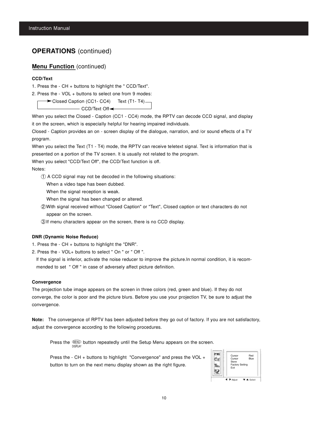 Apex Digital CoIor TV manual CCD/Text, DNR Dynamic Noise Reduce, Convergence 