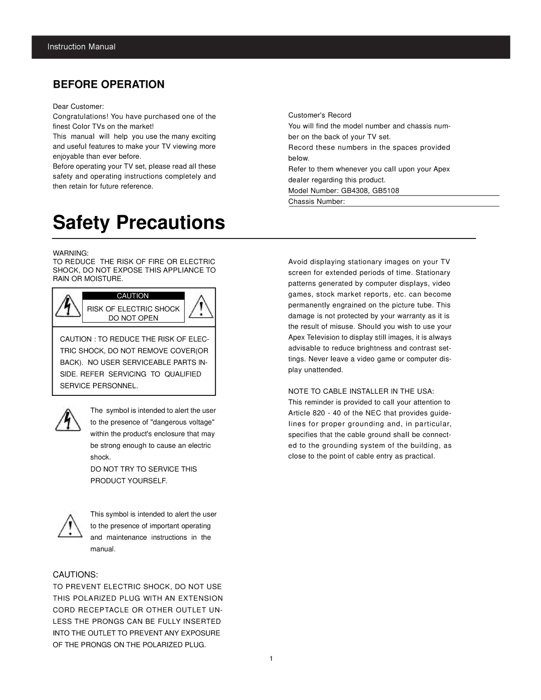 Apex Digital CoIor TV manual Safety Precautions, Before Operation 