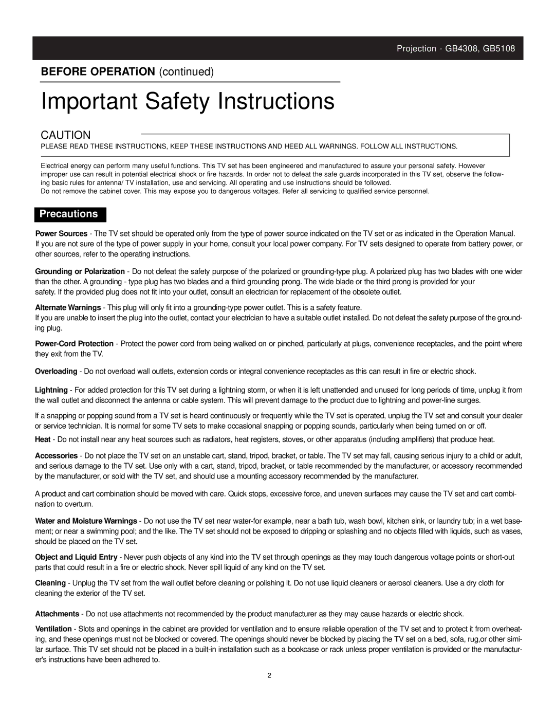 Apex Digital CoIor TV manual Important Safety Instructions, Before OPERATiON 