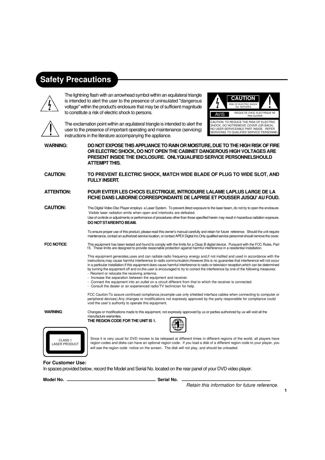 Apex Digital DRX-9000 operating instructions Safety Precautions, For Customer Use 