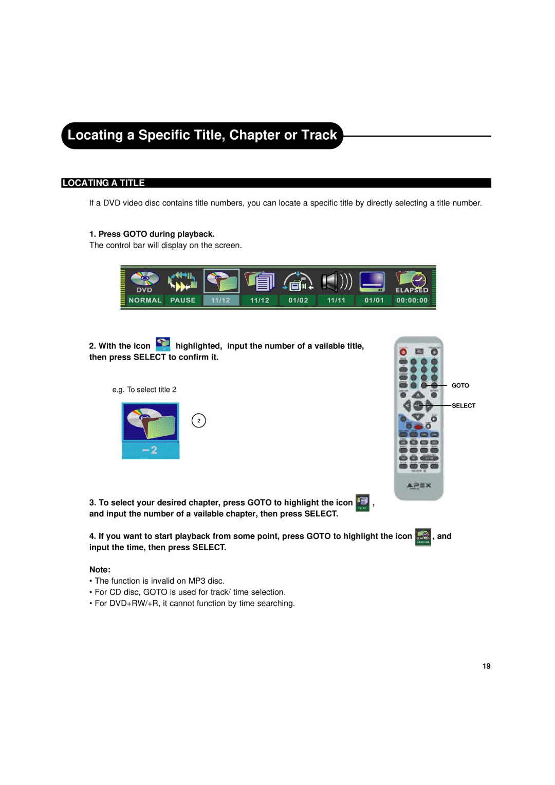 Apex Digital DRX-9000 Locating a Title, Press Goto during playback, Input the time, then press Select 