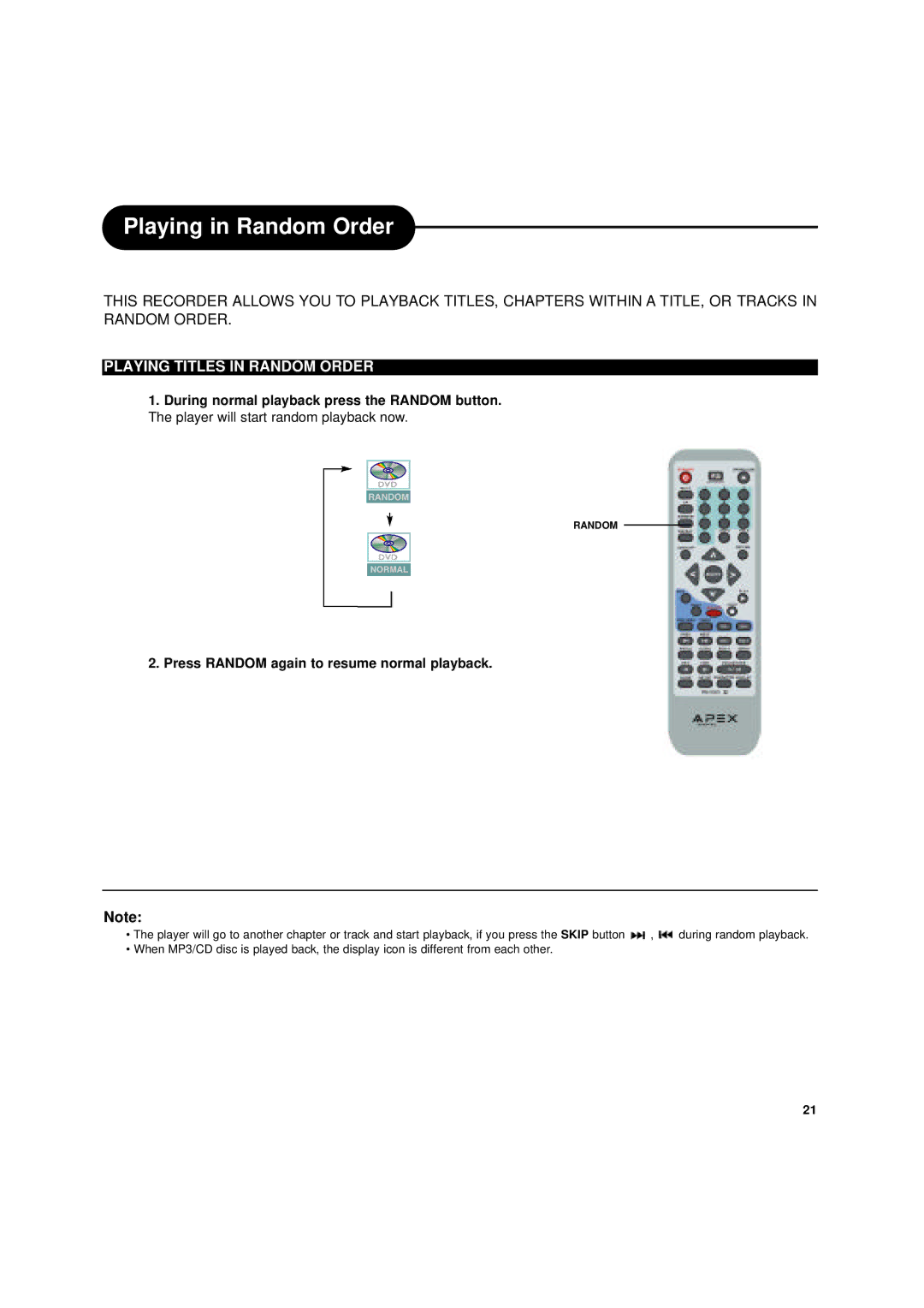 Apex Digital DRX-9000 operating instructions Playing in Random Order, Playing Titles in Random Order 