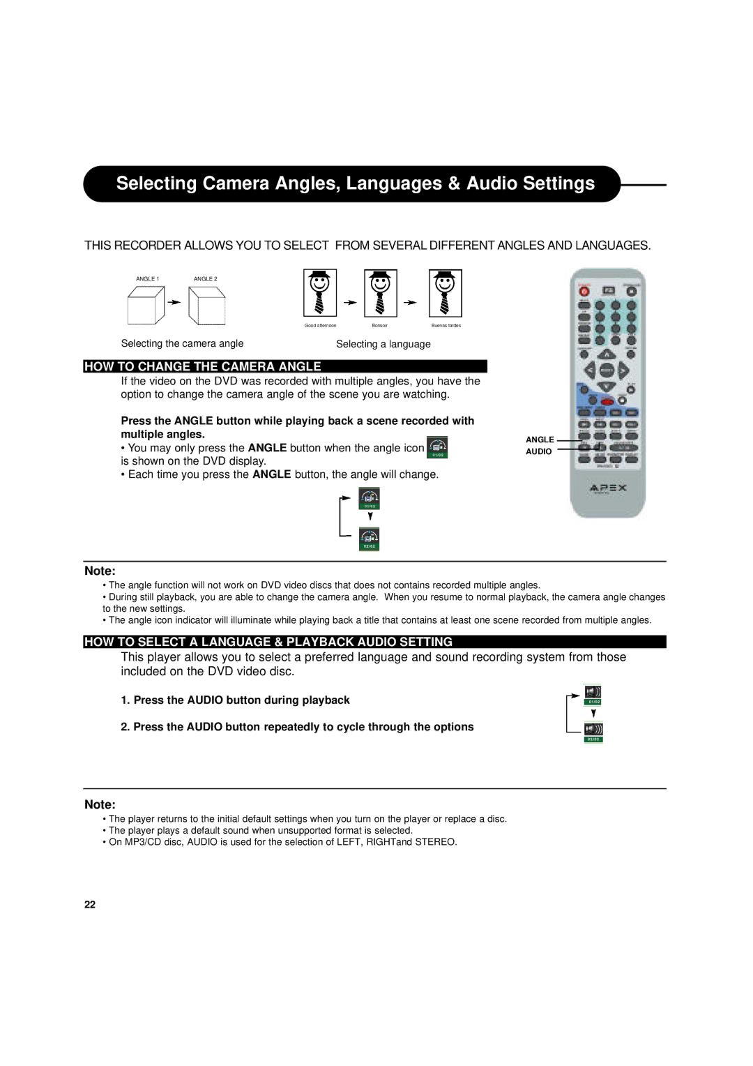 Apex Digital DRX-9000 Selecting Camera Angles, Languages & Audio Settings, HOW to Change the Camera Angle 