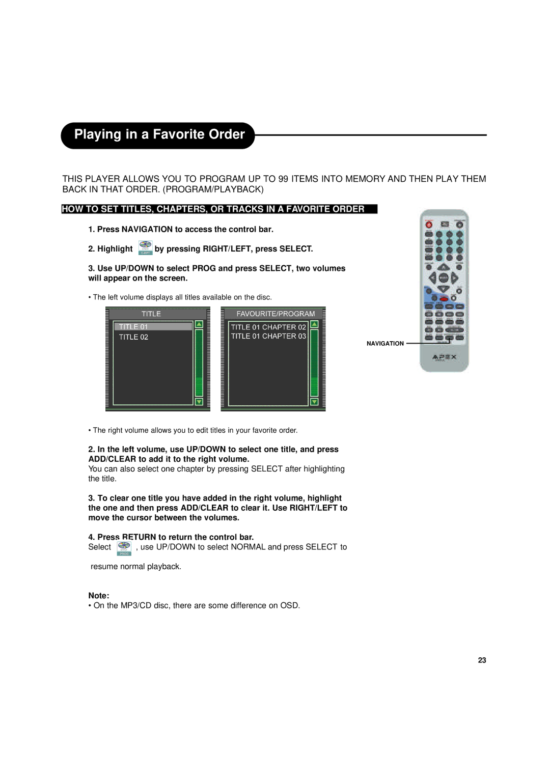 Apex Digital DRX-9000 Playing in a Favorite Order, HOW to SET TITLES, CHAPTERS, or Tracks in a Favorite Order 