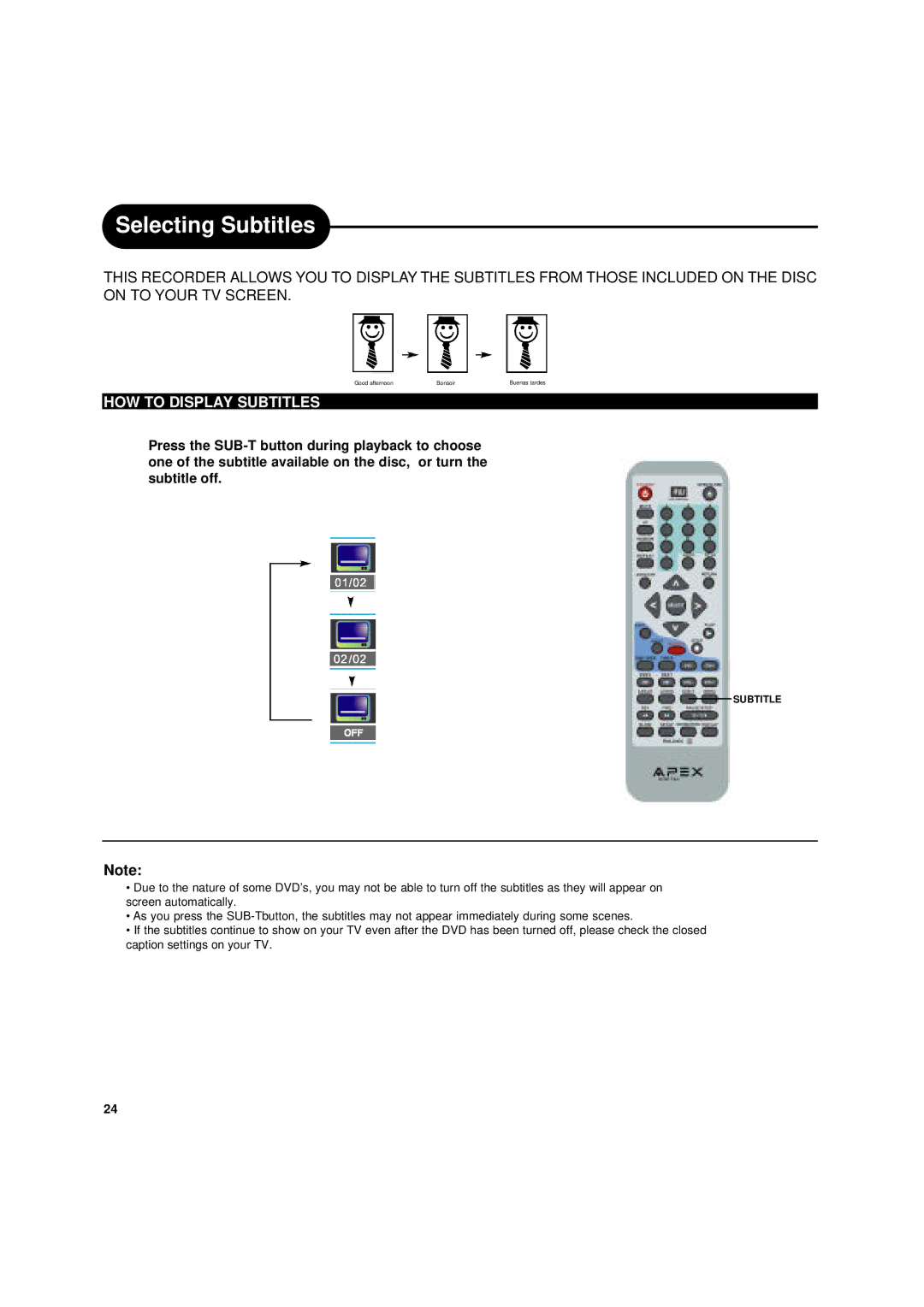 Apex Digital DRX-9000 operating instructions Selecting Subtitles, HOW to Display Subtitles 