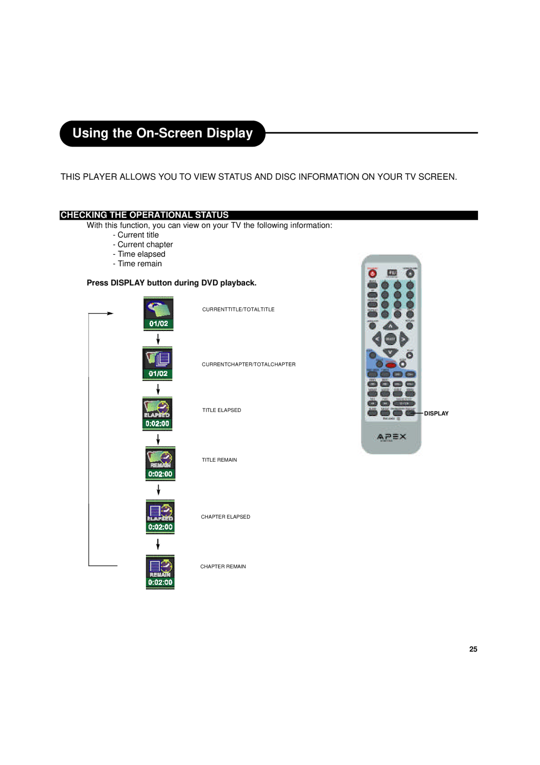 Apex Digital DRX-9000 operating instructions Using the On-Screen Display, Checking the Operational Status 