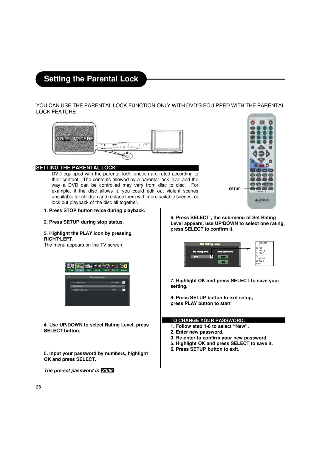 Apex Digital DRX-9000 Setting the Parental Lock, Menu appears on the TV screen, Highlight OK and press Select to save your 