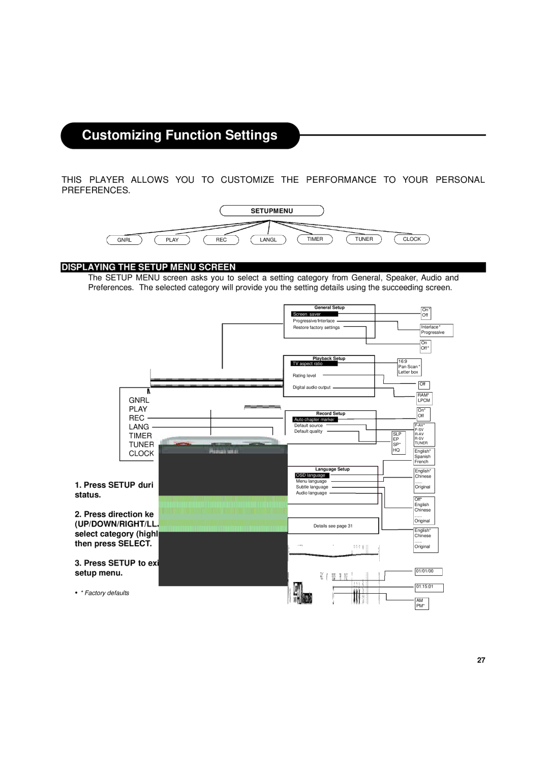 Apex Digital DRX-9000 operating instructions Customizing Function Settings, Displaying the Setup Menu Screen 