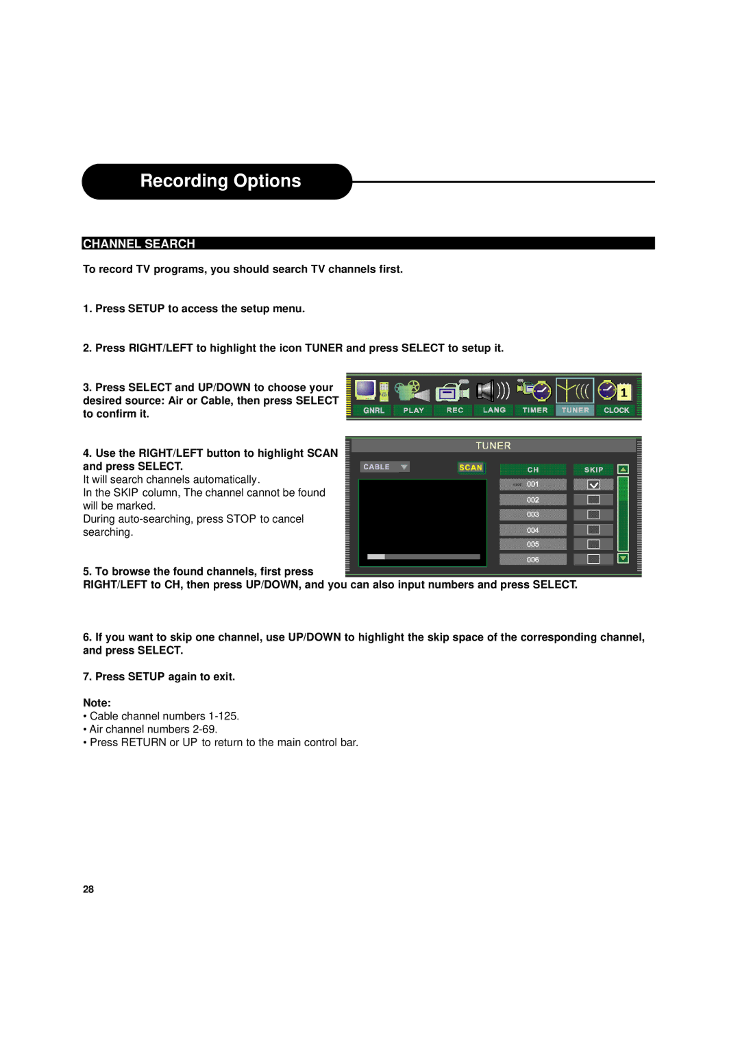 Apex Digital DRX-9000 operating instructions Recording Options, Channel Search 